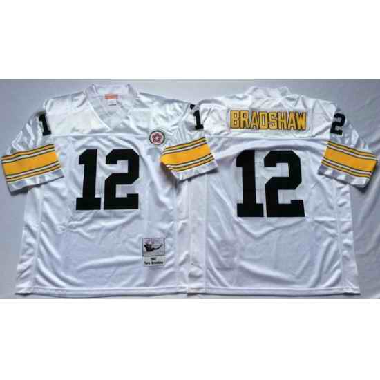 Men Pittsburgh Steelers 12 Terry Bradshaw White M&N Throwback Jersey